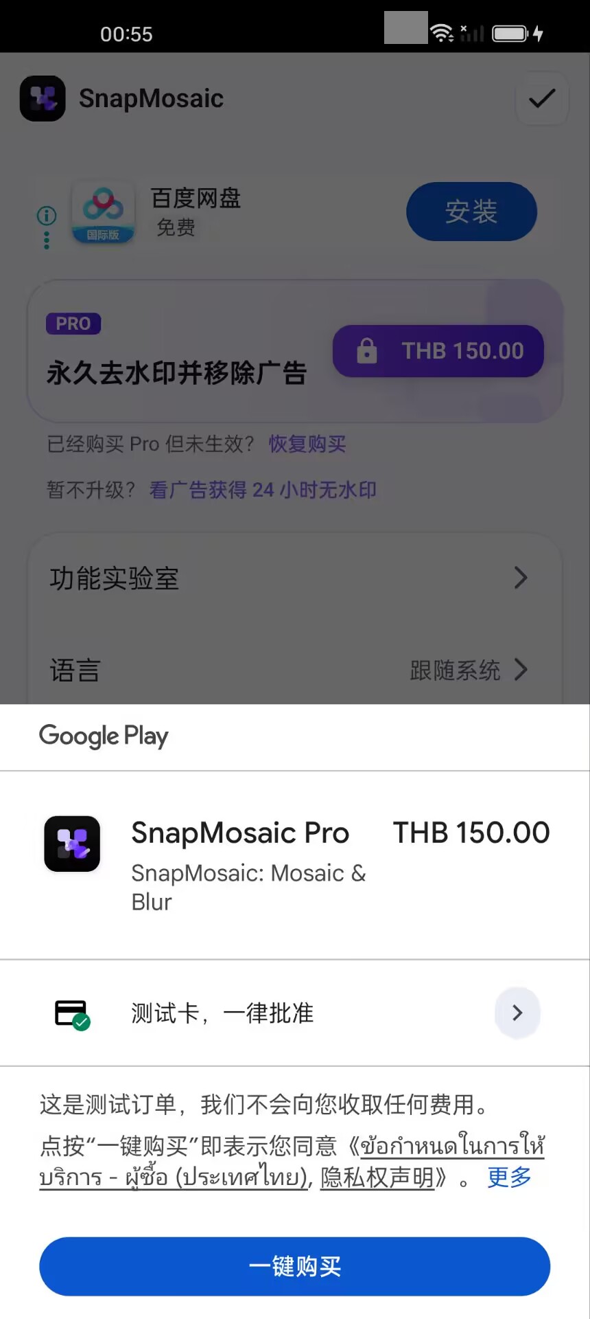 Google Play 测试购买面板